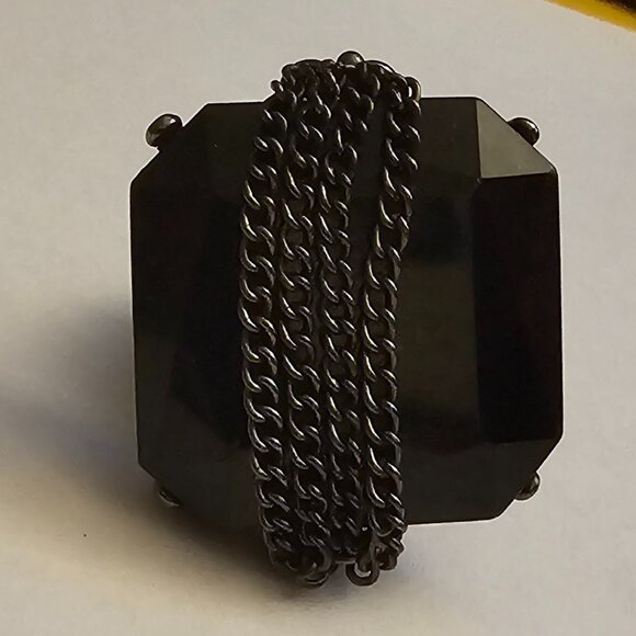 Women's Edgy Statement Ring with Black Stone/Chain - Picture 1 of 4